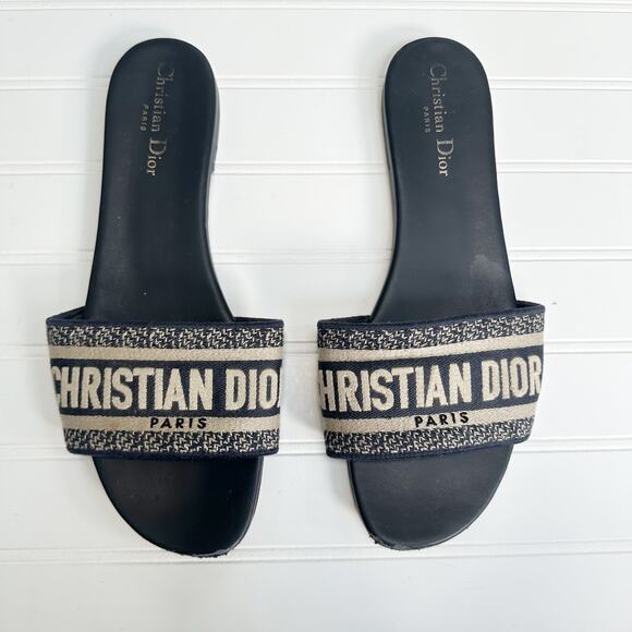 Christian Dior Dway Slides Black Navy Embroidered Logo Sandals 41 Slip-On Flats - Picture 1 of 7